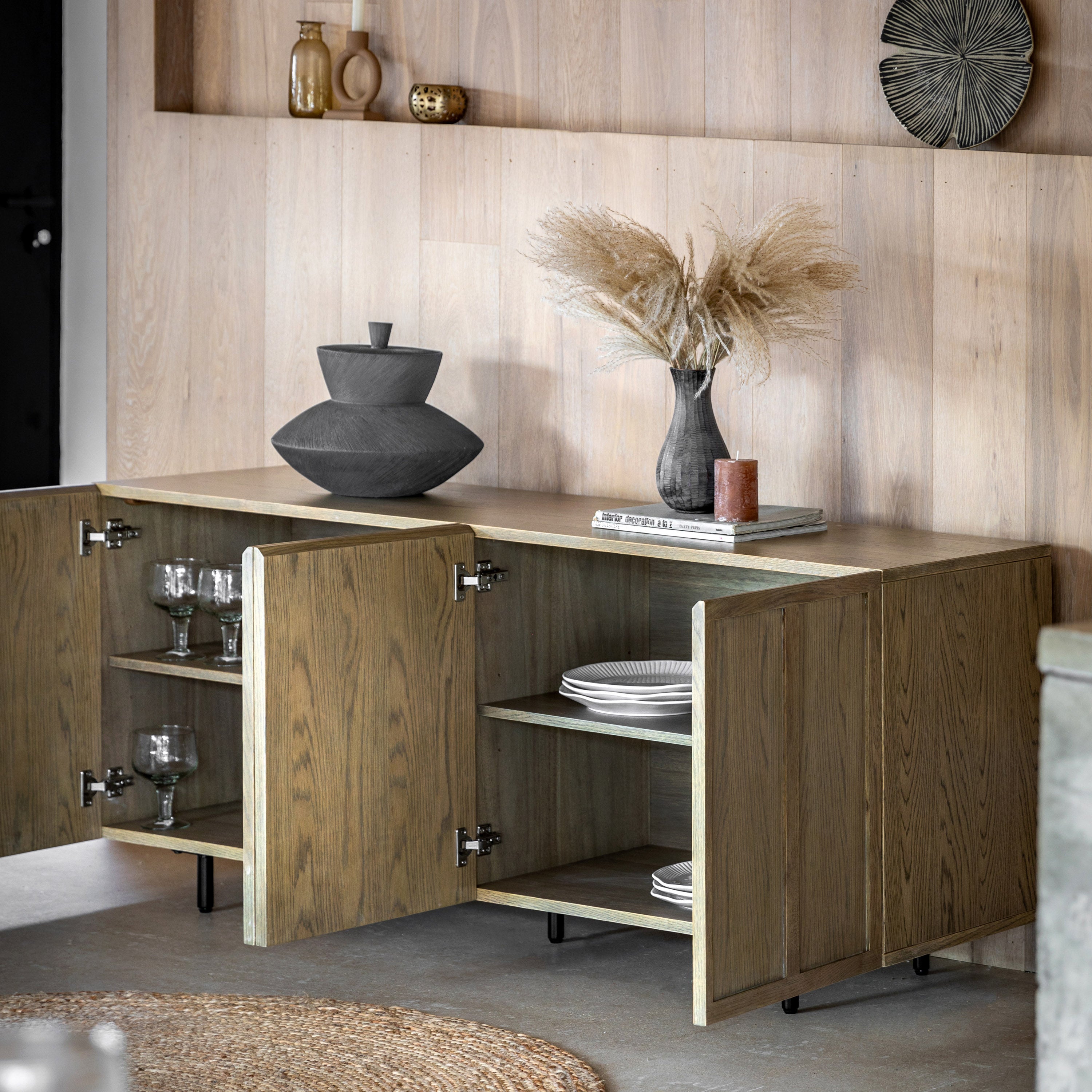 Fore Panelled Natural Oak Wood Sideboard